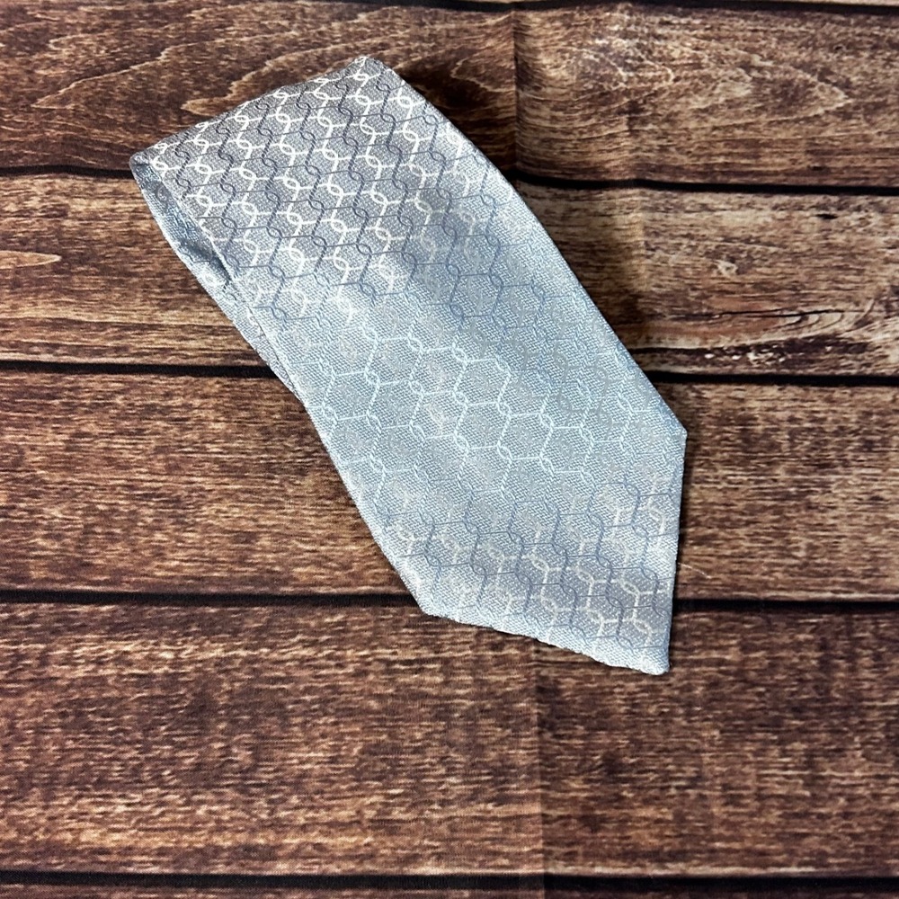 VTG Gucci Mens Light Blue Silver Interlocking G Chain Link 100% Silk Tie Italy
